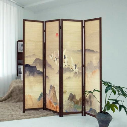 4 Panel Bamboo Room Divider, 5.6 ft Tall Double-Sided Freestanding Folding Privacy Screen, Premium Thickened Wood Frame with Colorful Landscape Pattern for Home Office (67" H x 63" W)