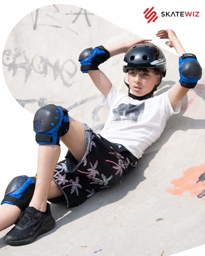 SKATEWIZ Skateboard Pads Protective Gear Set for Kids and Adults - Smash - Roller Skate Pads [6pc] with Wrist Guards - Skating Protective Gear - Roller Derby - color: Blue Black, size: M/L - Kids/Teens