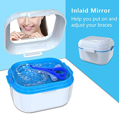 Denture Case with Mirror, Leakproof Retainer Box with Strainer Basket - color: White & Blue