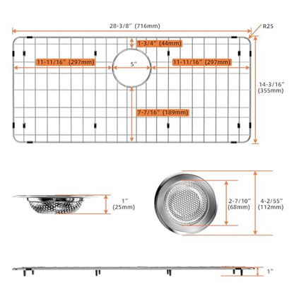 Stainless Steel Sink Grid and Protector for Bottom of Kitchen Sink, 28-3/8" x 14-3/16" with Drain Hole for Single Handmade Sink Bowl for Kitchen Sink Grate with Sink Hole Cover, One-Piece