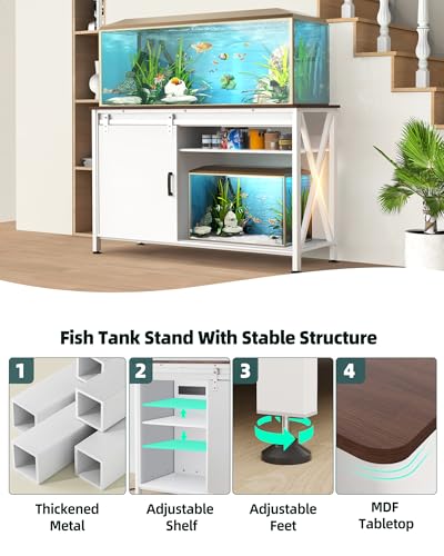Aquarium Stand for Fish Tank: 55-75 Gallon Fish Tank Stand with Sliding Door - Heavy Duty Metal Aquarium Table with Power Outlet - 2-Tier Breeder Reptile Terrarium Stand for Home & Office(White)
