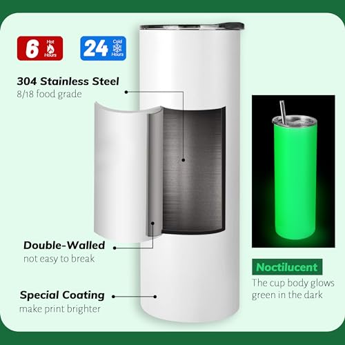 Joyclub 8 Pack Sublimation Tumblers Glow in the Dark 20 oz Bulk Blank Tumblers Skinny Straight Flat Bottom Cups White with Lid and Straw - color: White 8 Pack green glow
