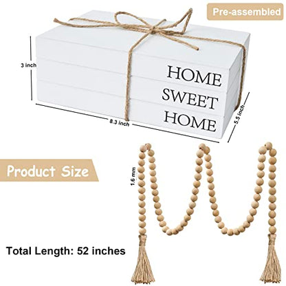 Decorative Books for Home Decor, White Faux Books for Decoration, Rustic Farmhouse Stacked Display Books with 52in Wood Bead Garland for Coffee Tables Living Room, (Home Sweet Home) - style: Home Sweet Home
