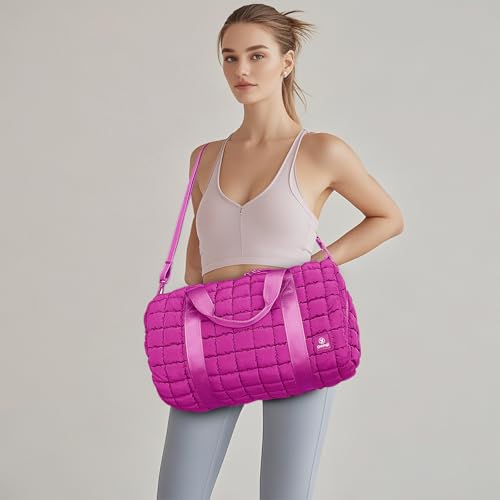 Quilted Gym Bag for Women,Duffle Bag for Travel with Wet Pocket,Carry on Weekender Bags for Women,Travel Bag with Shoe Compartment (Rose red) - color: Rose red