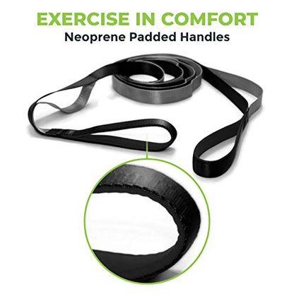 Stretching Strap for Physical Therapy, 12 Multi-Loop Stretch Strap 1" W x 8' L, Neoprene Handles, Physical Therapy Equipment, Yoga Straps for Stretching, Leg Stretcher. - color: Black/Grey