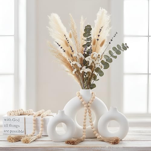 8 Pcs Rustic Vase Centerpieces Set Included Boho Ceramic Vase Decorative Books Wood Bead Garland with Tassels for Farmhouse Table Island Living Room Decor(with God All Things are Possible)