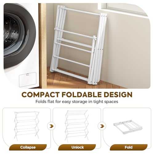 KINGBOARD 3-Tier Extendable Clothes Drying Rack, Small & Foldable, White | 37.4"H x 33.8"W x 11.2"D, Space-Saving Collapsible, Easy Assembly, Rust-Resistant Iron Frame, Indoor Outdoor Use, 25lb - color: White
