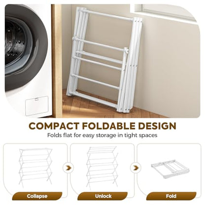 KINGBOARD 3-Tier Extendable Clothes Drying Rack, Small & Foldable, White | 37.4"H x 33.8"W x 11.2"D, Space-Saving Collapsible, Easy Assembly, Rust-Resistant Iron Frame, Indoor Outdoor Use, 25lb - color: White