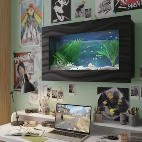 3.0 Wall Mounted Fish Tank Kit with LED Lighting, Built-in Filter System, Modern Space-Saving Design, Complete Accessories Set (Skyline, Black)