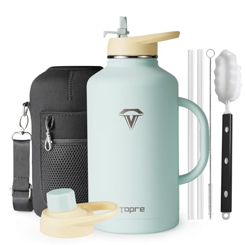 Topre Half Gallon Water Bottle with Handle and Carry Pouch,64 oz Stainless Steel Insulated Jug Flask with Straw Lid Spout Lid,Reusable Metal Water Bottle Mug Tumbler Cup,Keep Cold & Hot,Green - color: Green with Handle, size: 64 Ounces