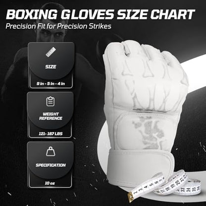 Flexzion MMA Gloves Fingerless Boxing Gloves for Men Women and Teen Youth, UFC Grappling Krav MAGA Kickboxing Gloves for Training Punching Bag Muay Thai Hitting Mitts Cutoff Martial Art Gloves - color: White