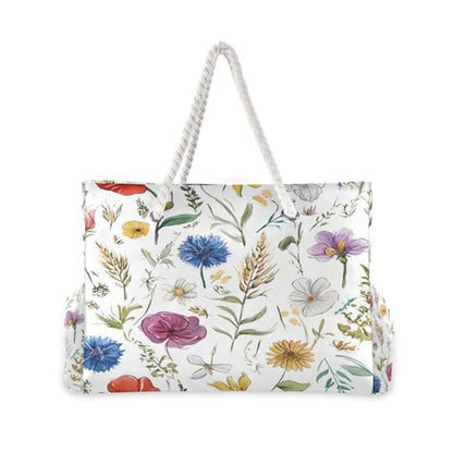 senya Large Beach Bags Totes Canvas Tote Shoulder Bag Soft Wave Water Resistant Bags for Gym Travel Daily Ocean - color: Hand Drawn Flowers