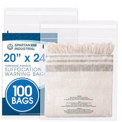 Spartan Industrial - 20" X 24" (100 Count) Self-Seal Clear Poly Bags With Suffocation Warning for Packaging, Bedding, Costumes - Permanent Adhesive - size: 20" X 24"