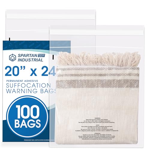 Spartan Industrial - 20" X 24" (100 Count) Self-Seal Clear Poly Bags With Suffocation Warning for Packaging, Bedding, Costumes - Permanent Adhesive - size: 20" X 24"