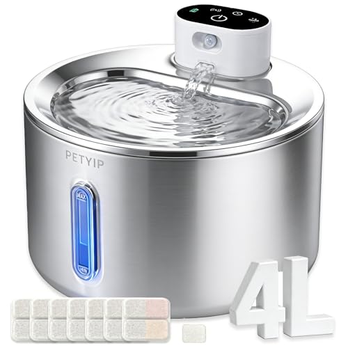 Cat Water Fountain Stainless Steel,135 Fl Oz/4L Wireless Automatic Cat Water Dispenser Large,5000mAh Battery Operated,for Cats & Dogs Indoor (Cat Fountain + 7 Set Filter)