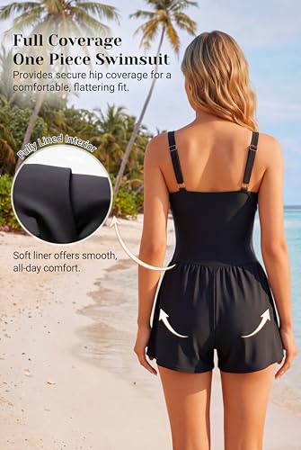 Smismivo Women's Tummy Control One Piece Swim Romper V Neck Swimsuit - color: Black, size: Medium