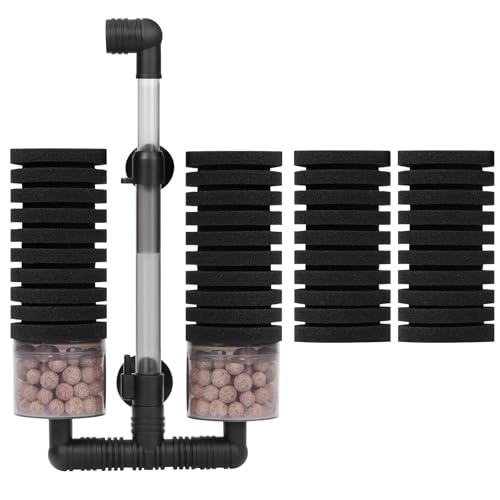 AQUANEAT Aquarium Air Powered Sponge Filter with Ceramic Media Balls, for Betta Fry Shrimp Fish Tank, with 2 Spare Sponges, up to 55Gal