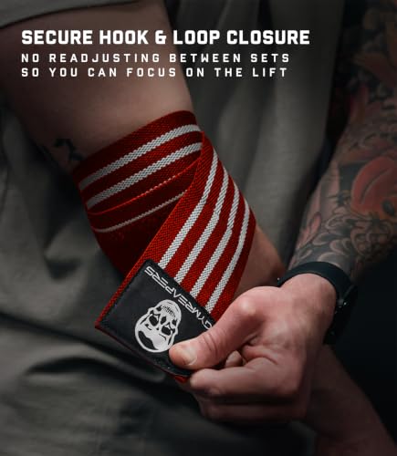 Gymreapers Weightlifting Elbow Wraps (1 Pair) - Flexible 40'' Elbow Compression Strap & Joint Support Brace - for Bench Press, Powerlifting, and Pressing - color: Red/White