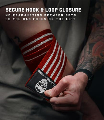 Gymreapers Weightlifting Elbow Wraps (1 Pair) - Flexible 40'' Elbow Compression Strap & Joint Support Brace - for Bench Press, Powerlifting, and Pressing - color: Red/White