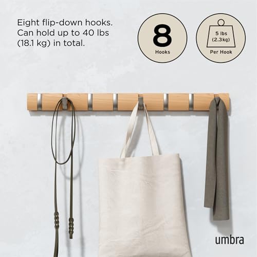 Umbra Flip Coat Rack, Wall Mount 8-Hook, Space Saving, Natural/Nickel - color: Natural, size: 8 hook