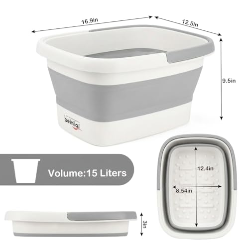 Collapsible Foot Bath Basin for Soaking Feet,Foot Soak Tub,Plastic Foot Bucket with Handles and Massage Acupoint,Foldable Laundry Basket-Gery