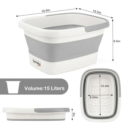 Collapsible Foot Bath Basin for Soaking Feet,Foot Soak Tub,Plastic Foot Bucket with Handles and Massage Acupoint,Foldable Laundry Basket-Gery