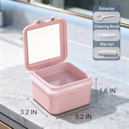 Denture Case Kit, Retainer Cleaning Case False Teeth, Retainer Cleaning Denture Bath Cup with Mirror Use in Denture Bridges, Denture Soaking Container, Traditional Braces for Travel （Pink） - color: pink