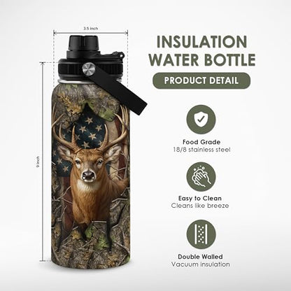 Hunting Insulated Stainless Steel Water Bottle 32oz, Vacuum Chug Lid Travel Tumbler for Men Friends Dad Grandpas Brothers Hunting Lovers, Gift for Birthday Christmas Fathers Day - color: Hunting 3