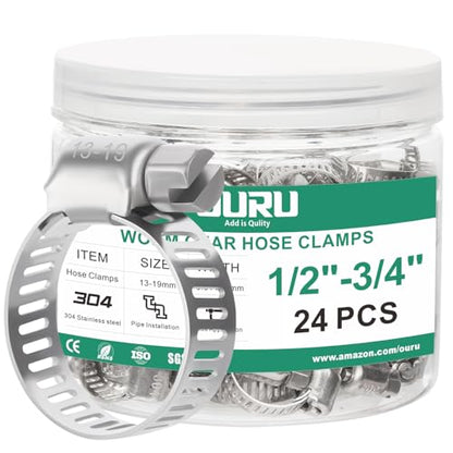24PCS Hose Clamps Stainless Steel Adjustable 1/2"– 3/4"(13-19mm) Worm Gear Hose Clamp, Heavy Duty Metal Small Hose Clamps for Automotive, Pipe, Radiator Plumbing, Fuel Line - size: 1/2"-3/4"(13-19mm)