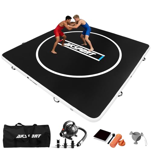 AKSPORT Inflatable Wrestling Mat 10x10FT Training Mat | 4-inch PVC cushioning|easy to clean and store|for family training, PE classes, camps and clubs，BJJ, MMA and judo practice