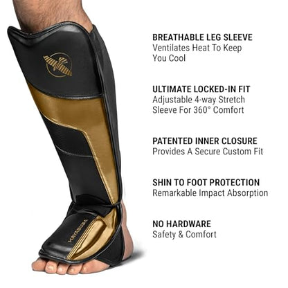 Hayabusa T3 Full-Back Shin Guards - color: Black/Gold, size: Small