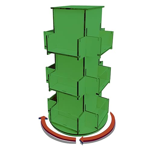 Rotating Display Stand, 3 Tier Wooden Organizer, 4-Sided Display Rack, 360 degree Spinning Multi-Pocket Tabletop Display Stand for Coasters, Stickers, Retail, Showcase, Tradeshow, 17”H, Green - style: GREEN