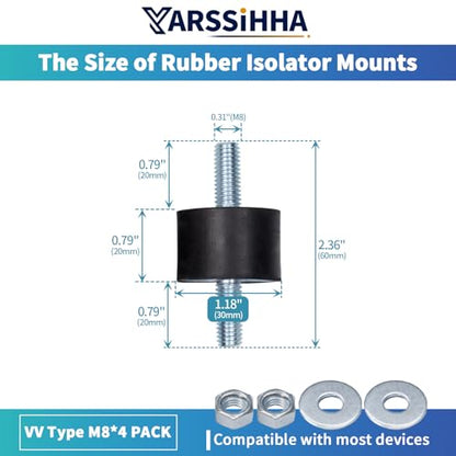 4 Pack M8 Anti-Vibration Rubber Isolator Mounts, 30x20mm Rubber Studs Shock Absorber, Cylindrical Vibration Isolators for Diesel Engines, Air Compressors, Vibration Motor