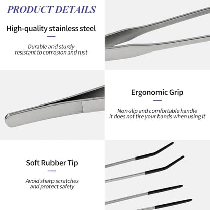 2PCS Reptile Feeding Tongs,10.6" Extra Long Stainless Steel Tweezers with Rubber Tips, Bearded Dragon Lizards Aquarium Straight and Curved Long Tweezers for Snake Feeding, Terrarium, Aquarium(Silver)