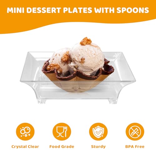 100 Pack 1 oz mini Square Dessert Plates for Appetizers，Mini Plastic Plates with Spoons，Reusable Square Small Party Serving Bowls for Trifle, Cheesecake, Ice cream