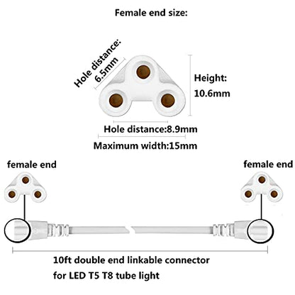 T5 T8 Extension Cords,10ft Lamp Connecting Wires,3-Prong Power Cables,Female to Female End Connectors for LED Tube,Under Cabinet,Shop Lights,Pack of 10