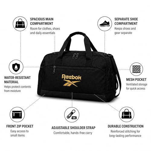 Reebok Lightweight Unisex Carry On Gym Duffle Bag for Men & Women, Sports - color: Hamilton Black With Gold Logo