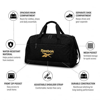 Reebok Lightweight Unisex Carry On Gym Duffle Bag for Men & Women, Sports - color: Hamilton Black With Gold Logo