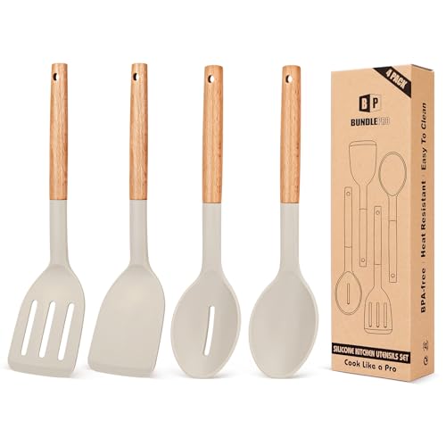 Pack of 4 Silicone Cooking Utensils Set, Non Stick Solid Spatulas and Heat Resistant Slotted Spoons with Wooden Handle, Ideal Wood Kitchen Utensils Set for Frying,Serving,Turning,Stirring (KHAKI)