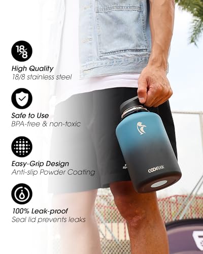 Coolflask Half Gallon Water Bottle Insulated Stainless Steel with Strap - color: Blue, size: 64 Ounces