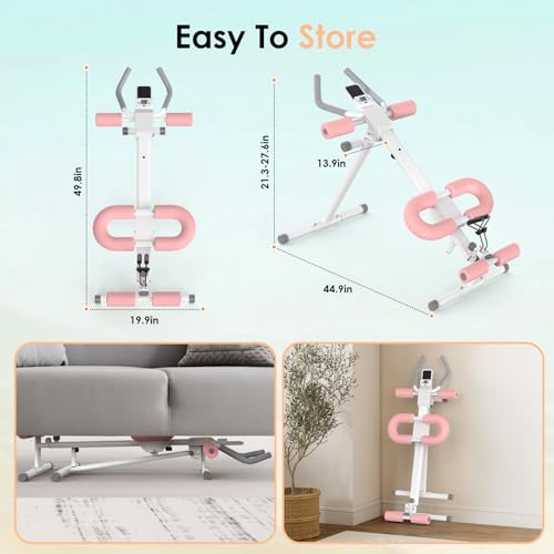 Foldable Ab Machine, 5-in-1 Adjustable Ab Trainer for Home Gym, Full-Body Core Workout Equipment with 10 Length Levels, LED Display & Silent Rollers, Sit-Up & Rowing Machine