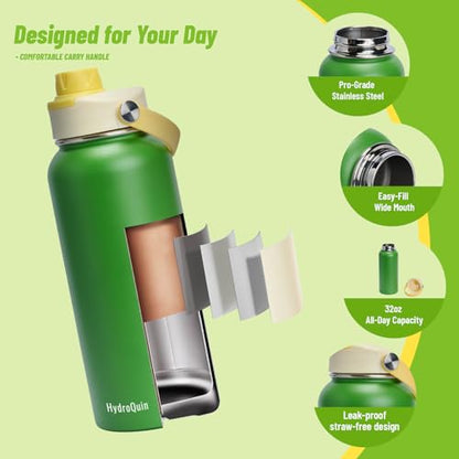 32 oz Insulated Water Bottle Grass Green Stainless Steel Flask - color: Sunshine Sprout