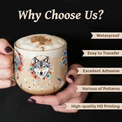 UV DTF Cup Wraps Transfer Stickers Wolves with Dreamcatchers and Mountains Pattern, 10 Sheets Waterproof Custom Transfer Sticker 16oz Coffee Glass Tumbler Bottle Mug Decals for Men Women
