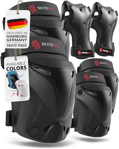 SKATEWIZ Kids and Adult Knee Pads and Elbow Pads Set 6pcs - incl. Carry Bag - color: Black, size: M - Teenager Slim