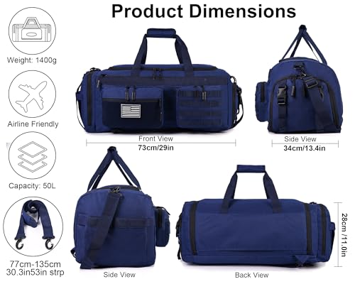 LHI 50L Tactical Duffle Bag for Men, 3-in-1 Gym Duffle and Backpack, Shoe Compartment, Laptop Sleeve and MOLLE, Carry-On Travel Weekender and Overnight Bag – Blue - color: Blue