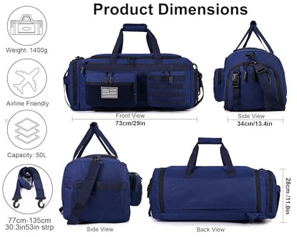 LHI 50L Tactical Duffle Bag for Men, 3-in-1 Gym Duffle and Backpack, Shoe Compartment, Laptop Sleeve and MOLLE, Carry-On Travel Weekender and Overnight Bag – Blue - color: Blue