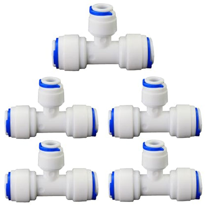 Water purifier adapter, 3/8 * 1/4 * 3/8 "FPT pipe hard plug quick tee, T-shaped tee quick push plastic pipe joint, suitable for reverse osmosis filtration RODI water purifier system 5pcs - style: 3/8 to 1/4 to 3/8 quick connect tee