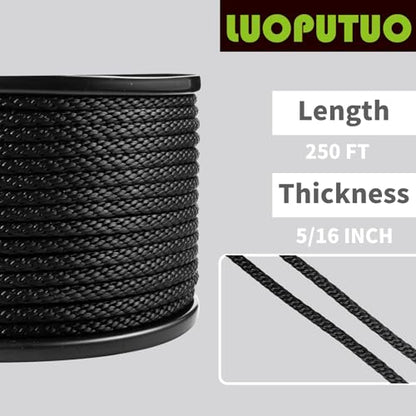 5/16 Inch × 250 FT Black Polyester Solid Braid Rope – UV & Abrasion Resistant, Low Stretch, Multipurpose for Flagpole Halyard, Clothesline, Camping, and Utility Tasks - size: 5/16 In×250 FT