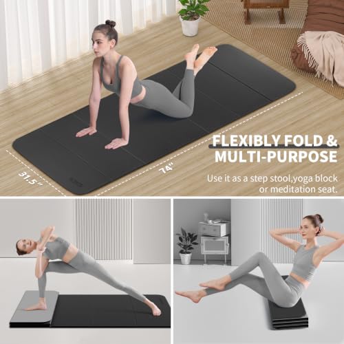Foldable Yoga Mat Extra Large 74"×31.5" | Double-Sided Non-Slip,Extra Wide Foldable Design,8mm Extra Thick,Exercise Mat for Home, Studio and Travel Use - color: Black+Gray