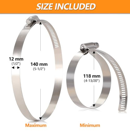 12Pack 5 inch Hose Clamp, Adjustable 304 Stainless Steel Duct Clamps Hose Clamp from 4-13/20"-5-1/2"(118-140mm), Metal Worm Drive Gear Duct Clamp for Air Ducting, Dryer Vent Hose, Fuel Line, Plumbing - size: 5 inch (4-13/20"—5-1/2"/118-140mm)